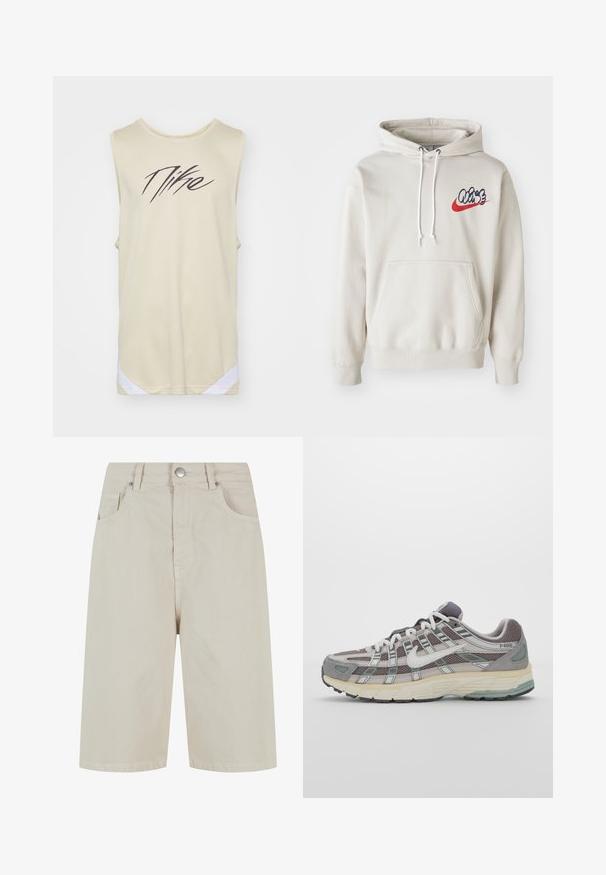 Krémová mikina s kapucňou, ktorá má predné vrecko a biele šnúrky, s štýlizovaným logom "Air" v modrej a červenej farbe na hrudi.; Nike Performance ICON - Top - team gold/white/black; Bežové deninové šortky so priamej strihom, s predným zapínaním na gombík a štyrmi vreckami. Materiál má hladkú textúru a minimálne švy.; Šedá športová obuv so zvrškom z nylonu a semišu, bielymi akcentmi, polstrovanou podrážkou a jedinečným dizajnom s reflexnými prvkami.