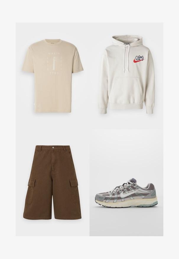 Kreemjas värvitoonis kapuutsiga särk, millel on ees tasku ja valged nöörid, ning rinnal stiliseeritud sinine ja punane "Air" logo.; Beežist puuvillast T-särk lühikeste varrukatega, millel on tuletorni graafika ja tekst "MAKIA ESTD 2001 TTRS" heledamas varjundis.; Prunad värvilised cargo lühikesed püksid, millel on sirge lõige, kaks külgtaskut ja ees nupuga sulgur. Valmistatud vastupidavast puuvillaste kangast, millel on mati viimistluse.; Hallus hallitus jalanõud, millel on võrgust ja sametist ülemine osa, valged rõhutused, pehme tald ning eristuv disain peegelduvate elementidega.