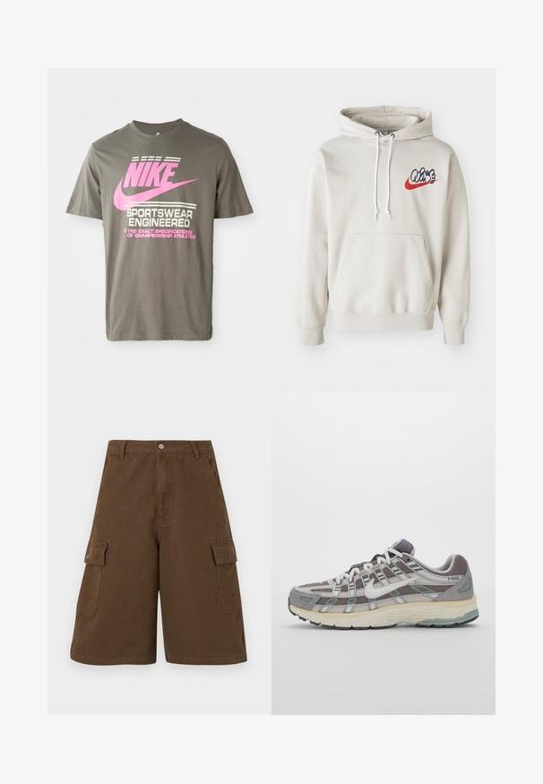 Hoodie creme, com um bolso frontal e cordões brancos, apresentando um logo estilizado "Air" em azul e vermelho no peito.; T-shirt de algodão cinza com uma proeminente marca rosa da Nike e texto branco. Mangas curtas e decote redondo.; Bermudas castanhas com corte reto, dois bolsos laterais e fecho frontal com botão. Feitas em tecido de algodão durável com acabamento mate.; Sapatilha atlética cinza com parte superior em malha e camurça, detalhes brancos, sola acolchoada e um design distinto com elementos refletivos.