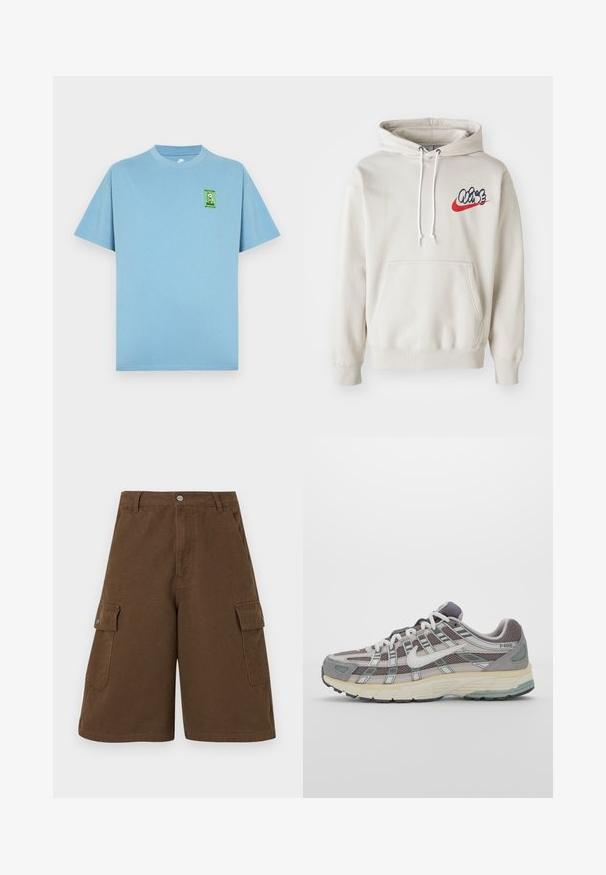 Krémová mikina s kapucí, která má přední kapsu a bílé šňůrky, s stylizovaným logem "Air" v modré a červené barvě na hrudi.; Světle modré bavlněné tričko s kulatým výstřihem a krátkými rukávy, s zelenou karikaturou loga na levé straně hrudi.; Hnědé cargo šortky se rovný střihem, dvěma bočními kapsami a předním zapínáním na knoflík. Vyrobené z odolné bavlněné tkaniny s matným povrchem.; Šedá sportovní obuv s vrchní částí z mikrovlákna a semiše, bílými akcenty, polstrovanou podrážkou a jedinečným designem s reflexními prvky.