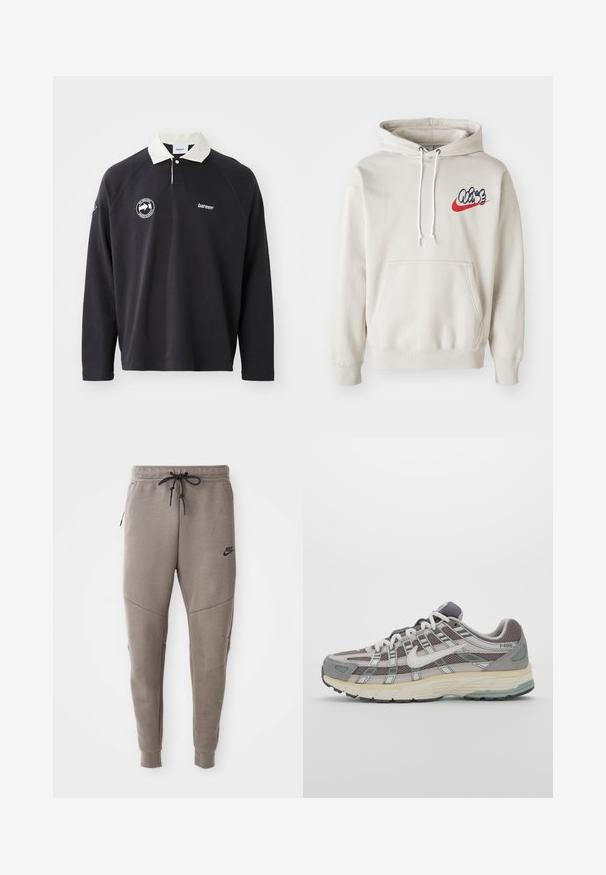 Kermanvärinen huppari, jossa on etutasku ja valkoiset nyörit, sekä tyylitelty "Air"-logo sinisessä ja punaisessa rinnassa.; Mustapohjainen pitkähihainen polo-paita, jossa on kontrastoiva valkoinen kaulus, ja jonka rinnassa ja hihassa on puristettua logoa. Valmistettu pehmeästä kankaasta.; Harmaat Nike-juoksuhousut, joissa on kiristysnyöri vyötäröllä, kapeat lahkeet, sivutaskut ja erottuva sauman yksityiskohtaisuus. Pehmeä, tekstuuri kangas.; Harmaa urheilukenkä, jossa on verkko- ja mokkanahkainen yläosa, valkoiset yksityiskohdat, pehmustettu pohja ja erottuva muotoilu heijastavilla elementeillä.