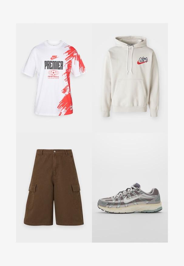 Crème kleurige hoodie met een voorzak en witte koordjes, voorzien van een gestileerd "Air" logo in blauw en rood op de borst.; Witte katoenen t-shirt met rode penseelstreken aan één kant, met zwarte tekst "Nike Premier Football Training Gear."; Bruine cargoshorts met een rechte snit, twee zijzakken en een sluiting met knoop aan de voorkant. Gemaakt van duurzaam katoen met een matte afwerking.; Grijze sportieve schoen met een bovenwerk van mesh en suede, witte accenten, een gevoerde zool en een onderscheidend ontwerp met reflecterende elementen.