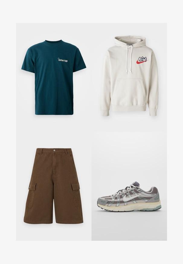 Krämfärgad hoodie med en framficka och vita dragsnören, med en stiliserad "Air"-logotyp i blått och rött på bröstet.; Turkos bomulls t-shirt med korta ärmar och rund halsringning. Har en grafisk tryck av "Carhartt WIP" på framsidan i vitt.; Bruna cargoshorts med rak skärning, två sidofickor och en framknäppning. Tillverkade av hållbart bomullstyg med en matt finish.; Grå atletiska sko med en överdel av mesh och mocka, vita accenter, en vadderad sula och en unik design med reflekterande element.