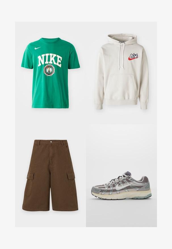Hoodie de couleur crème avec une poche frontale et des cordons blancs, et un logo "Air" stylisé en bleu et rouge sur la poitrine.; T-shirt en coton vert avec un grand logo « NIKE » blanc et un graphique des Boston Celtics. Col rond, manches courtes, coupe standard, texture lisse.; Shorts en coton marron de coupe droite, avec deux poches latérales et une fermeture à bouton à l'avant. Fabriqués à partir d'un tissu en coton durable avec une finition mate.; Chaussure de sport grise avec une tige en mesh et en daim, accents blancs, semelle rembourrée et un design distinctif avec des éléments réfléchissants.