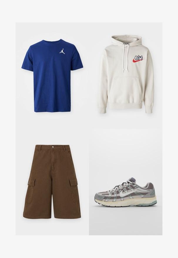 Cremefarvet hoodie med en frontlomme og hvide snortræk, prydet med et stiliseret "Air" logo i blå og rød på brystet.; Blå kortærmet T-shirt med rund hals og hvidt Jumpman-logo på venstre bryst.; Brune cargo shorts med lige snit, to sidelommer og knaplukning foran. Fremstillet af slidstærkt bomuldsstof med en mat finish.; Grå sportssko med overdel i mesh og ruskind, hvide accenter, en polstret sål og et særpræget design med reflekterende elementer.