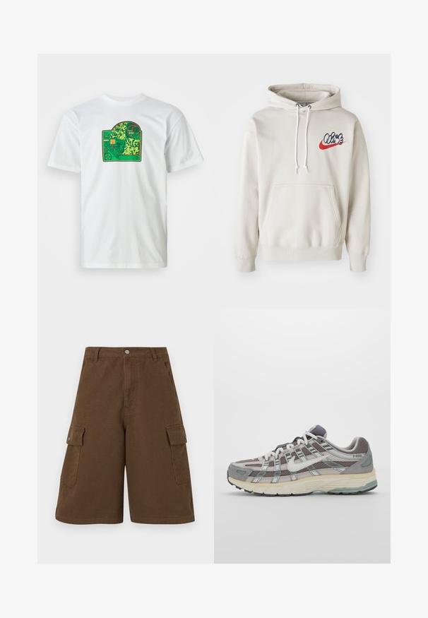 Crème kleurige hoodie met een voorzak en witte koordjes, voorzien van een gestileerd "Air" logo in blauw en rood op de borst.; Witte katoenen T-shirt met een graphic van een groene printplaat, met ingewikkelde patronen, rode accenten en een gelaagd designelement.; Bruine cargoshorts met een rechte snit, twee zijzakken en een sluiting met knoop aan de voorkant. Gemaakt van duurzaam katoen met een matte afwerking.; Grijze sportieve schoen met een bovenwerk van mesh en suede, witte accenten, een gevoerde zool en een onderscheidend ontwerp met reflecterende elementen.