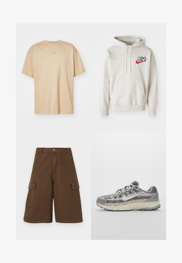 Krémszínű kapucnis pulóver, elülső zsebbel és fehér húzózsinórokkal, kék és piros színű stilizált "Air" logóval a mellkasán.; Beige színű pamut póló, kerek nyakkivágással, rövid ujjakkal és egy kis narancssárga hímzett Nike logóval a mellkason. Enyhén laza fazon.; Barna cargo sort, egyenes szabással, két oldalzsebbel és első gombos záródással. Tartós pamut anyagból készült, matt kivitelben.; Szürke sportcipő, hálós és velúr felsőrésszel, fehér részletekkel, párnázott talppal és jellegzetes dizájnnal, amely visszaverő elemeket tartalmaz.