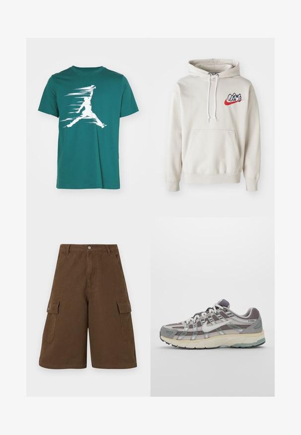 Krēma krāsas kapuce ar priekšējo kabatu un baltām auklām, uz krūtīm ar stilizētu "Air" logo zilā un sarkanā krāsā.; Jordan CREW - Apdrukāts T-krekls - oxidized green/sail; Brūni kravas šorti ar taisnu piegriezumu, divām sānu kabatām un priekšējo pogu aizdari. Izgatavoti no izturīga kokvilnas auduma ar matētu apdari.; Pelēkie sporta apavi ar tīkla un zamša augšdaļu, baltiem akcentiem, mīkstinātu zoli un izcilu dizainu ar atstarotājiem.
