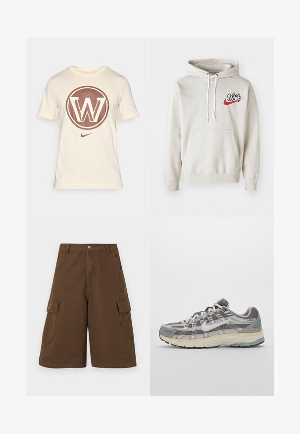 Kremfarget hettegenser med frontlomme og hvite snorer, med en stilisert "Air"-logo i blått og rødt på brystet.; Nike t-skjorte i off-white bomull har en stor brun sirkulær logo med et stilisert "W" i sentrum og en liten Nike swoosh nederst.; Brune cargo shorts med rett snitt, to sidelommer og frontlukking med knapp. Laget av slitesterk bomullsstoff med en matt finish.; Grå treningssko med overdel i nett og semsket skinn, hvite detaljer, en polstret såle, og et særpreget design med reflekterende elementer.