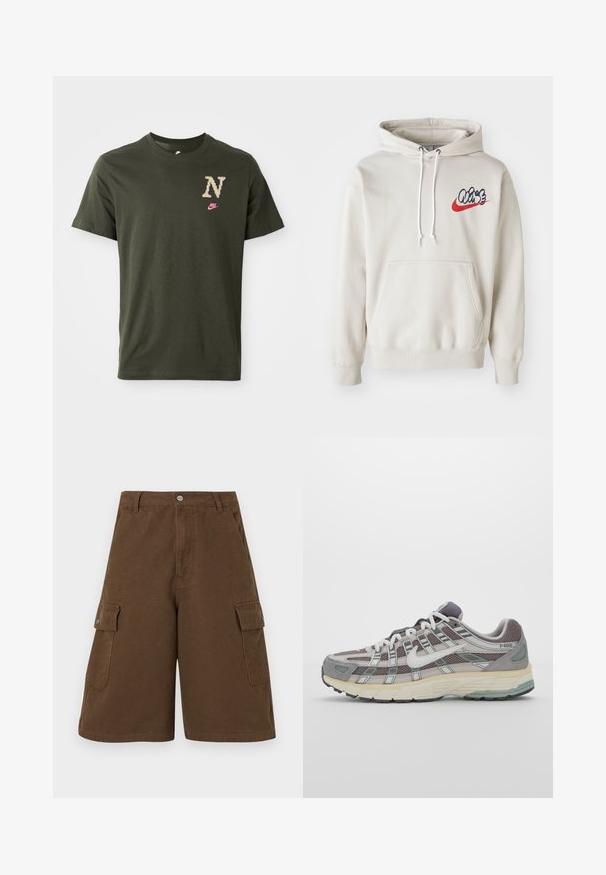 Krēma krāsas kapuce ar priekšējo kabatu un baltām auklām, uz krūtīm ar stilizētu "Air" logo zilā un sarkanā krāsā.; Olīvzaļas kokvilnas T-krekls ar īsām piedurknēm, kuram ir liels rakstains "N" logo bēšā krāsā un neliels rozā Nike swoosh uz krūšu.; Brūni kravas šorti ar taisnu piegriezumu, divām sānu kabatām un priekšējo pogu aizdari. Izgatavoti no izturīga kokvilnas auduma ar matētu apdari.; Pelēkie sporta apavi ar tīkla un zamša augšdaļu, baltiem akcentiem, mīkstinātu zoli un izcilu dizainu ar atstarotājiem.