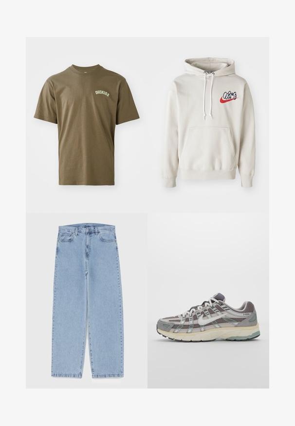 Kremna kapuca z žepom spredaj in belimi vrvicami, s stiliziranim logotipom "Air" v modri in rdeči barvi na prsih.; Olivnozeleni bombažna majica s kratkimi rokavi, okroglim vratom in majhnim belim logotipom "Dickies" natisnjenim na levi prsni predel. Gladka tekstura.; Svijetloplave traperice s ravnim nogavicama, srednjeg struka, pet džepova te zatvaranjem na gumb i munju.; Sive športne čevlje z zgornjim delom iz mrežastega in semiš materiala, belimi akcenti, oblazinjenim podplatom ter edinstvenim dizajnom z odsevnimi elementi.