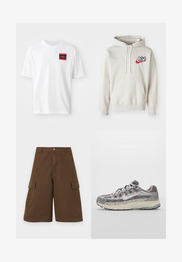 Kremna kapuca z žepom spredaj in belimi vrvicami, s stiliziranim logotipom "Air" v modri in rdeči barvi na prsih.; Bela bombažna majica s kratkimi rokavi, ki na sprednji levi strani prikazuje rdeč in črn pravokotni grafični vzorec s tekstom "AVTENTIČNI JORDAN OD NIKE".; Rjave cargo kratke hlače z ravnim krojem, dvema stranskima žepoma in sprednjim gumbom. Narejene iz trpežnega bombažnega materiala z mat končno obdelavo.; Sive športne čevlje z zgornjim delom iz mrežastega in semiš materiala, belimi akcenti, oblazinjenim podplatom ter edinstvenim dizajnom z odsevnimi elementi.