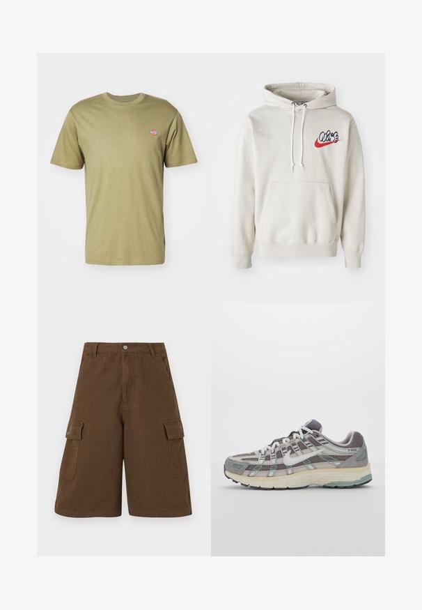 Kreemjas värvitoonis kapuutsiga särk, millel on ees tasku ja valged nöörid, ning rinnal stiliseeritud sinine ja punane "Air" logo.; Olivroheline puuvillane T-särk lühikeste varrukate, ümarate kaeluste ja väikese värvilise logoga vasakul rinnal. Lihtne, klassikaline disain.; Prunad värvilised cargo lühikesed püksid, millel on sirge lõige, kaks külgtaskut ja ees nupuga sulgur. Valmistatud vastupidavast puuvillaste kangast, millel on mati viimistluse.; Hallus hallitus jalanõud, millel on võrgust ja sametist ülemine osa, valged rõhutused, pehme tald ning eristuv disain peegelduvate elementidega.