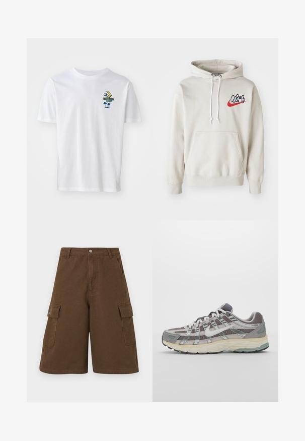 Krēma krāsas kapuce ar priekšējo kabatu un baltām auklām, uz krūtīm ar stilizētu "Air" logo zilā un sarkanā krāsā.; Balts kokvilnas T-krekls ar grafisku druku, kurā ir teksts 'CONVERSE MOTEL', zvaigzne un palmas zilajos un dzeltenajos toņos. Īsas piedurknes.; Brūni kravas šorti ar taisnu piegriezumu, divām sānu kabatām un priekšējo pogu aizdari. Izgatavoti no izturīga kokvilnas auduma ar matētu apdari.; Pelēkie sporta apavi ar tīkla un zamša augšdaļu, baltiem akcentiem, mīkstinātu zoli un izcilu dizainu ar atstarotājiem.