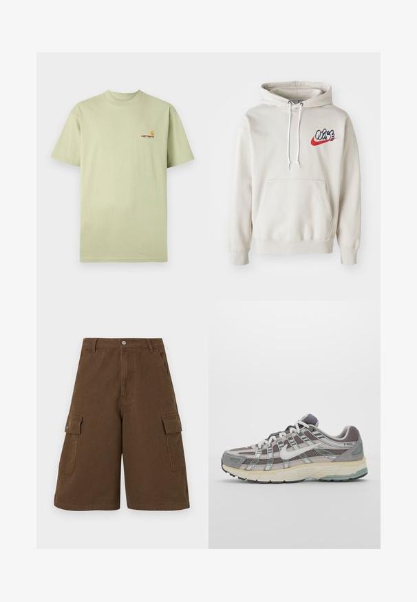 Grietos spalvos džemperis su priekiu kišene ir baltais raišteliais, krūtinėje su stilizuotu "Air" logotipu mėlynos ir raudonos spalvos.; Šviesiai žalia medvilninė marškinėliai trumpomis rankovėmis ir apvaliu iškirpimu. Viršutiniame kairiajame krūtinės plote yra mažas oranžinės ir raudonos spalvų logotipas.; Rudi cargo šortai su tiesia iškirpte, dviem šoninėmis kišenėmis ir priekyje užsegimo mygtuku. Pagaminti iš tvirtos medvilnės audinio su matinio paviršiaus apdaila.; Pilkas sportinis batas su tinklu ir zomšos viršutine dalimi, baltomis detalėmis, paminkštintu padu ir išskirtiniu dizainu su atspindinčiais elementais.