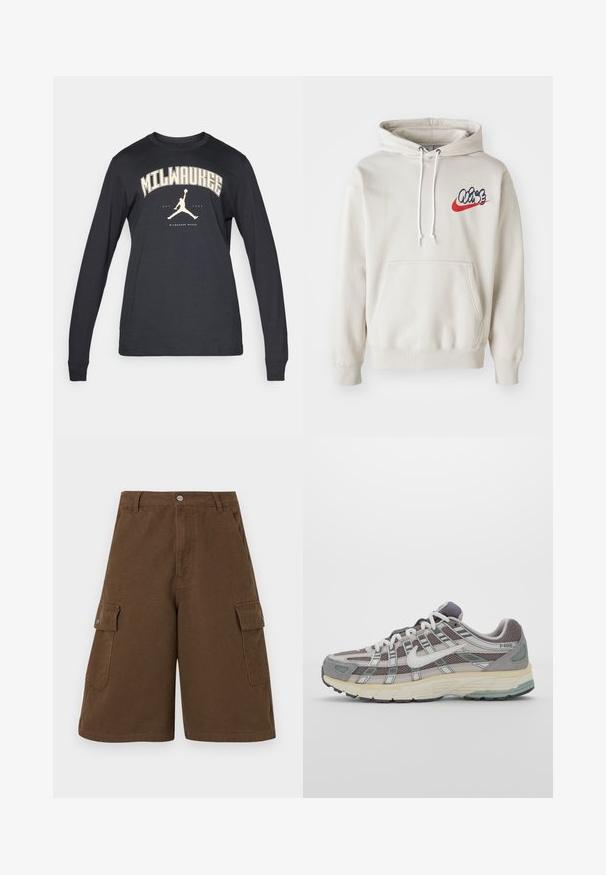 Grietos spalvos džemperis su priekiu kišene ir baltais raišteliais, krūtinėje su stilizuotu "Air" logotipu mėlynos ir raudonos spalvos.; Ilgų rankovių juoda marškinė su kreminiu grafiniu užrašu „MILWAUKEE“ ir šokinėjančio žmogaus siluetu po juo. Minkštas medvilnės audinys.; Rudi cargo šortai su tiesia iškirpte, dviem šoninėmis kišenėmis ir priekyje užsegimo mygtuku. Pagaminti iš tvirtos medvilnės audinio su matinio paviršiaus apdaila.; Pilkas sportinis batas su tinklu ir zomšos viršutine dalimi, baltomis detalėmis, paminkštintu padu ir išskirtiniu dizainu su atspindinčiais elementais.