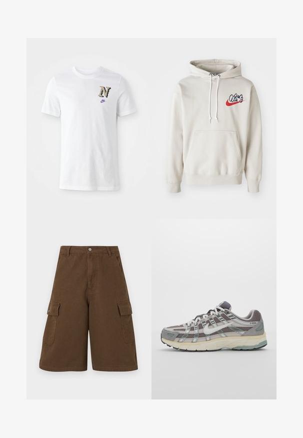 Hoodie creme, com um bolso frontal e cordões brancos, apresentando um logo estilizado "Air" em azul e vermelho no peito.; T-shirt branca em algodão com um logo "N" em padrão camuflado e um pequeno swoosh roxo da Nike no peito. Design clássico de gola redonda.; Bermudas castanhas com corte reto, dois bolsos laterais e fecho frontal com botão. Feitas em tecido de algodão durável com acabamento mate.; Sapatilha atlética cinza com parte superior em malha e camurça, detalhes brancos, sola acolchoada e um design distinto com elementos refletivos.