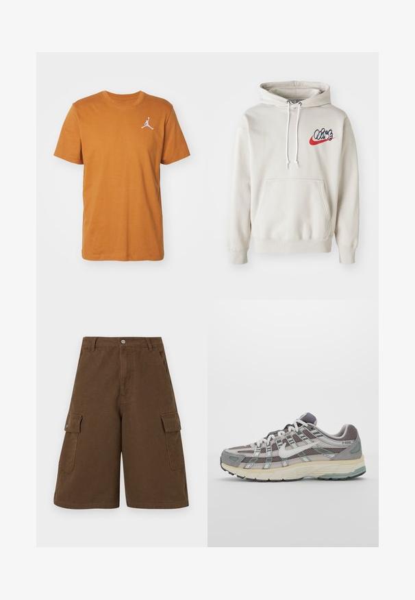 Krémszínű kapucnis pulóver, elülső zsebbel és fehér húzózsinórokkal, kék és piros színű stilizált "Air" logóval a mellkasán.; Jordan JUMPMAN CREW - Basic póló - desert bronze/white; Barna cargo sort, egyenes szabással, két oldalzsebbel és első gombos záródással. Tartós pamut anyagból készült, matt kivitelben.; Szürke sportcipő, hálós és velúr felsőrésszel, fehér részletekkel, párnázott talppal és jellegzetes dizájnnal, amely visszaverő elemeket tartalmaz.