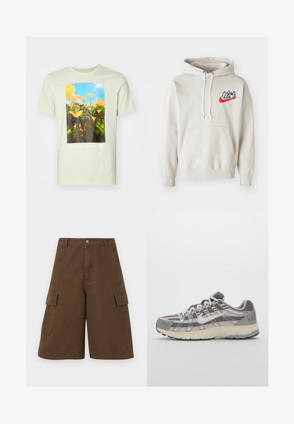 Krémová mikina s kapucí, která má přední kapsu a bílé šňůrky, s stylizovaným logem "Air" v modré a červené barvě na hrudi.; Světle žluté bavlněné tričko s grafikou oranžových květin na modré obloze a textem "Pohybuj se s přírodou." na spodní části.; Hnědé cargo šortky se rovný střihem, dvěma bočními kapsami a předním zapínáním na knoflík. Vyrobené z odolné bavlněné tkaniny s matným povrchem.; Šedá sportovní obuv s vrchní částí z mikrovlákna a semiše, bílými akcenty, polstrovanou podrážkou a jedinečným designem s reflexními prvky.