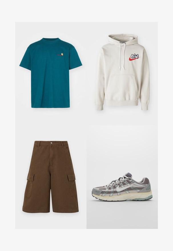 Cream-colored hoodie featuring a front pocket and white drawstrings, with a stylized "Air" logo in blue and red on the chest.; Teal cotton t-shirt with a crew neckline. Features a small orange and red logo on the left chest. Short sleeves and a relaxed fit.; Brown cargo shorts featuring a straight cut, two side pockets, and a front button closure. Made from durable cotton fabric with a matte finish.; Gray athletic shoe featuring a mesh and suede upper, white accents, a cushioned sole, and a distinctive design with reflective elements.