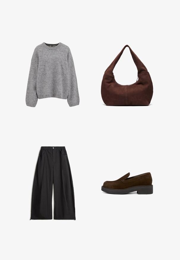 Weicher hellgrauer Strickpullover mit langen Ärmeln und gerippten Bündchen, Saum und Rundhalsausschnitt.; Rot-weiß gestreiftes Langarmshirt mit Rundhalsausschnitt und lockerer Passform. Weicher Stoff mit gleichmäßigem Streifenmuster.; Schwarze weite Hosen mit hoher Taille, ausgestattet mit Falten, einem Knopfverschluss vorne und zwei seitlichen Taschen. Hergestellt aus einem Stoff mit strukturiertem Finish.; Braune Wildlederschlupfschuhe mit modernem Design, runder Spitze und klobiger schwarzer Plateausohle. Auffällige Steppnähte entlang der Kante.; Braune Wildleder-Hobo-Tasche mit einem gebogenen, breiten Griff und einer großen Öffnung. Weiche Textur mit sichtbaren abgesteppten Details entlang der Kanten.