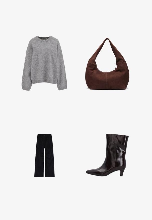 Weicher hellgrauer Strickpullover mit langen Ärmeln und gerippten Bündchen, Saum und Rundhalsausschnitt.; Rot-weiß gestreiftes Langarmshirt mit Rundhalsausschnitt und lockerer Passform. Weicher Stoff mit gleichmäßigem Streifenmuster.; Schwarze, weiter geschnittene Cargo-Hosen aus strapazierfähigem Material mit zwei großen Seitentaschen, einem Knopfverschluss und einer geraden, lässigen Passform.; Braune Leder-Ankle-Boots mit spitzer Zehenform und einem 5 cm hohen, schmalen Absatz. Glänzende Textur und nahtloses Design ohne sichtbare Beschläge oder Akzente.; Braune Wildleder-Hobo-Tasche mit einem gebogenen, breiten Griff und einer großen Öffnung. Weiche Textur mit sichtbaren abgesteppten Details entlang der Kanten.