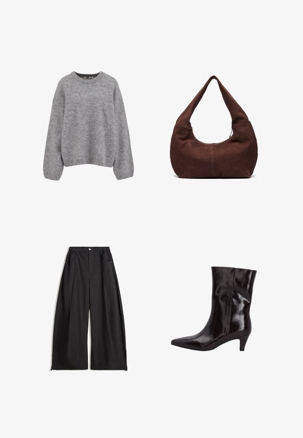 Miękki, jasnoszary sweter z dzianiny z długimi rękawami oraz ściągaczami przy mankietach, dolnym brzegu i okrągłym dekolcie.; Biała krótka koszulka z okrągłym dekoltem i krótkim rękawem, z czarną metką przy kołnierzyku, ułożona na płasko na białym tle.; Czarne spodnie o szerokich nogawkach z wysokim stanem, z plisami, z przodu zapinane na guzik oraz dwoma bocznymi kieszeniami. Wykonane z materiału o teksturowanym wykończeniu.; Brązowy skórzany botek do kostki z wysmuklonym noskiem i 2-calowym cienkim obcasem. Lśniąca tekstura i bezszwowy design, bez widocznych elementów sprzętowych lub akcentów.; Brązowa zamszowa torba hobo z krzywym, szerokim uchwytem i dużym otworem. Miękka tekstura z widocznym szyciem wzdłuż krawędzi.