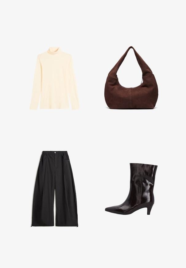 Měkký světle šedý pletený svetr s dlouhými rukávy a žebrovanými manžetami, lemem a kulatým výstřihem.; Svetle krémový rolák vyrobený z měkké látky, s dlouhými rukávy a přiléhavým střihem s vysokým límcem.; Černé kalhoty s širokými nohavicemi a vysokým pasem, s plizováním, vpředu na knoflík a se dvěma bočními kapsami. Vyrobené z tkaniny s texturovaným povrchem.; Hnědá kožená kotníková bota s špičatou špičkou a úzkým podpatkem o výšce 5 cm. Lesklá textura a bezešvý design bez viditelného kování nebo akcentů.; Hnědá semišová hobo taška s zakřiveným, širokým uchem a velkým otvorem. Měkká textura se viditelným prošíváním podél okrajů.