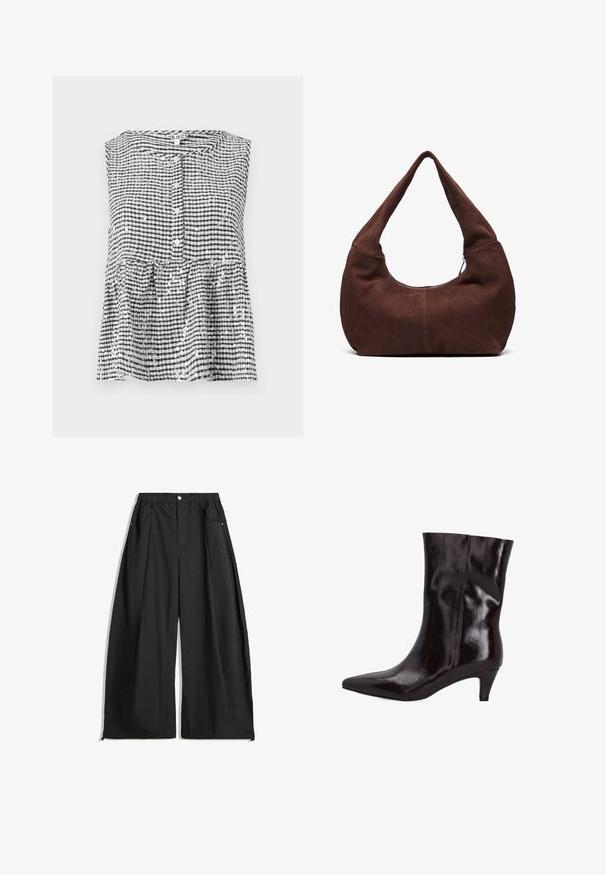 Weicher hellgrauer Strickpullover mit langen Ärmeln und gerippten Bündchen, Saum und Rundhalsausschnitt.; Ärmelloses schwarz-weiß kariertes Oberteil mit Knopfleiste und Peplum-Saum, das aus einem strukturierten Stoff mit glänzenden Pailletten gefertigt ist.; Schwarze weite Hosen mit hoher Taille, ausgestattet mit Falten, einem Knopfverschluss vorne und zwei seitlichen Taschen. Hergestellt aus einem Stoff mit strukturiertem Finish.; Braune Leder-Ankle-Boots mit spitzer Zehenform und einem 5 cm hohen, schmalen Absatz. Glänzende Textur und nahtloses Design ohne sichtbare Beschläge oder Akzente.; Braune Wildleder-Hobo-Tasche mit einem gebogenen, breiten Griff und einer großen Öffnung. Weiche Textur mit sichtbaren abgesteppten Details entlang der Kanten.