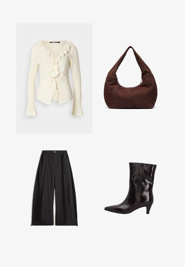 Blød lysegrå strikket sweater med lange ærmer og ribbede manchetter, kant og rund halsudskæring.; Cremefarvet bluse med lange ærmer, V-halsudskæring, rynket kant, samlede sider og klokkeformede ærmer. Fremstillet af letvægts, struktureret stof.; Sorte vide bukser med høj talje, der har plisseringer, en frontlukning med knap og to sidelommer. Fremstillet af stof med en struktureret overflade.; Brun læder ankelstøvle med spids tå og en 2-tommer slank hæl. Blank overflade og sømløst design uden synligt hardware eller detaljer.; Brun ruskinds hobo taske med et buet, bredt håndtag og en stor åbning. Blød tekstur med synlige stikninger langs kanterne.