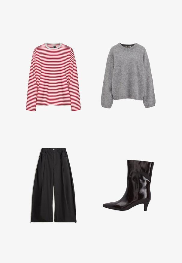 Miękki, jasnoszary sweter z dzianiny z długimi rękawami oraz ściągaczami przy mankietach, dolnym brzegu i okrągłym dekolcie.; Czerwono-biały pasiasty longsleeve z okrągłym dekoltem i luźnym krojem. Miękka tkanina z równym wzorem pasków.; Czarne spodnie o szerokich nogawkach z wysokim stanem, z plisami, z przodu zapinane na guzik oraz dwoma bocznymi kieszeniami. Wykonane z materiału o teksturowanym wykończeniu.; Brązowy skórzany botek do kostki z wysmuklonym noskiem i 2-calowym cienkim obcasem. Lśniąca tekstura i bezszwowy design, bez widocznych elementów sprzętowych lub akcentów.