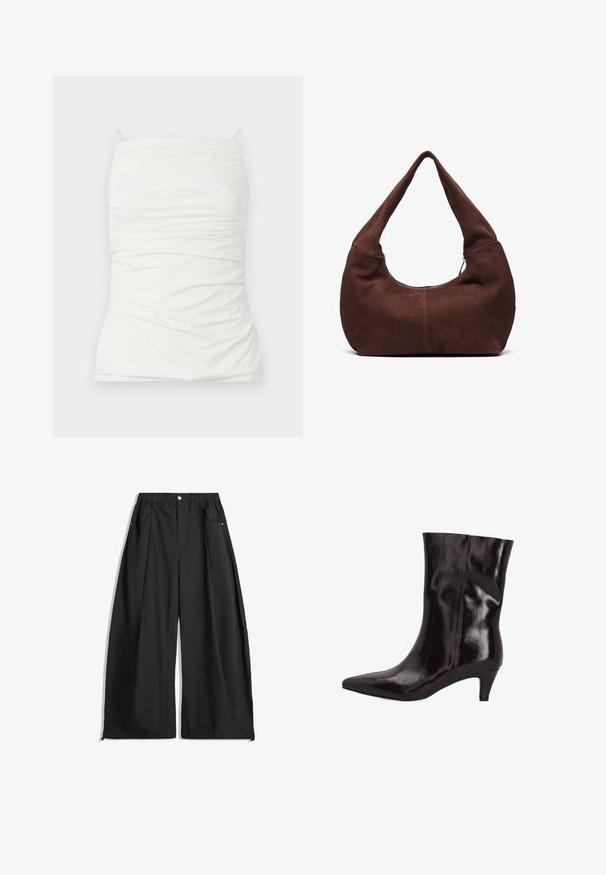 Soft light gray knit sweater with long sleeves and ribbed cuffs, hem, and crew neckline.; White sleeveless top made of smooth fabric, featuring a fitted silhouette with ruched detailing and adjustable shoulder straps.; Black wide-leg pants with a high waistband, featuring pleats, a front button closure, and two side pockets. Made from fabric with a textured finish.; Brown leather ankle boot with a pointed toe and a 2-inch slim heel. Glossy texture and seamless design with no visible hardware or accents.; Brown suede hobo bag with a curved, wide handle and a large opening. Soft texture with visible stitching detailing along the edges.