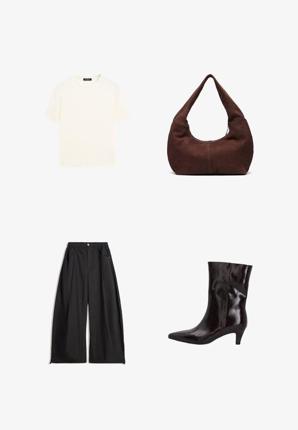 Měkký světle šedý pletený svetr s dlouhými rukávy a žebrovanými manžetami, lemem a kulatým výstřihem.; Jednoduché bílé tričko s krátkým rukávem a kulatým výstřihem, se černou etikou na límci, položené na bílé pozadí.; Černé kalhoty s širokými nohavicemi a vysokým pasem, s plizováním, vpředu na knoflík a se dvěma bočními kapsami. Vyrobené z tkaniny s texturovaným povrchem.; Hnědá kožená kotníková bota s špičatou špičkou a úzkým podpatkem o výšce 5 cm. Lesklá textura a bezešvý design bez viditelného kování nebo akcentů.; Hnědá semišová hobo taška s zakřiveným, širokým uchem a velkým otvorem. Měkká textura se viditelným prošíváním podél okrajů.