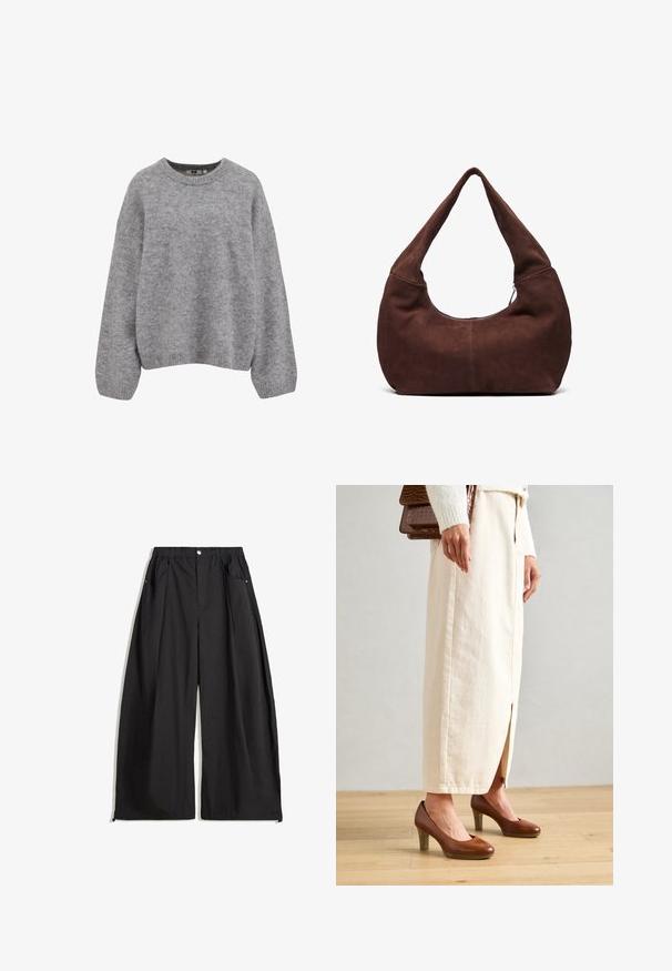 Pull en maille gris clair doux avec manches longues et poignets, ourlet et encolure ras du cou côtelés.; Pantalon large noir à taille haute, avec des plis, une fermeture à bouton sur le devant et deux poches latérales. Fabriqué dans un tissu avec un fini texturé.; Des chaussures à talons marron avec un bout arrondi, accompagnées d'une jupe longue couleur crème présentant une fente à l'avant, et d'un sac à main marron texturé.; Sac hobo en daim marron avec une poignée large et incurvée et une grande ouverture. Texture douce avec des détails de couture visibles le long des bords.