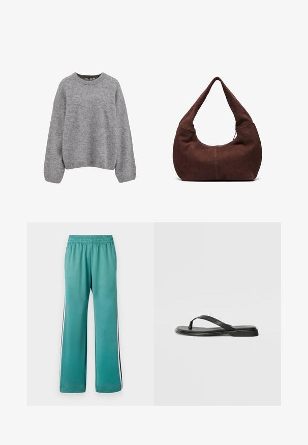 Pulover din tricot moale, de culoare gri deschis, cu manșete, margine și gât rotund cu fixare ribbed.; Pantaloni de trening teal cu talie elastică, picioare largi și dungi laterale în albastru închis și alb. Material neted cu finisaj mat.; Sandale negre din piele netedă, cu un design cu curea subțire și o talpă plată cu un profil minimalist. Fără modele sau accente notabile.; Geantă hobo din suede maro, cu o maner curbat și lat și o deschidere mare. Textură moale cu detalii de cusătură vizibile de-a lungul marginilor.