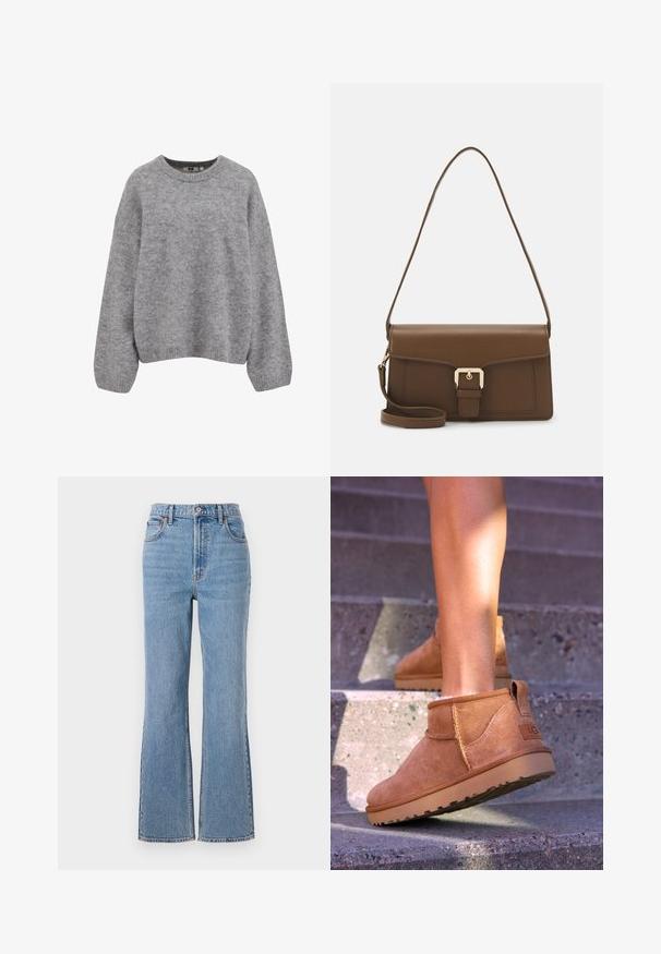 Siva pletiva mekani džemper s dugim rukavima i rebrastim manžetama, rubom i okruglim izrezom.; Abercrombie & Fitch FRONT TO BACK TONAL STRAIGHT - Traperice opuštenog kroja - blue denim; Smešane čizme od tan velura s mekim tekstilom, sa šavnim detaljima i gumenim đonom, te petom s petljom za lako obuvanje.; Smeđa kožna torba s pravokutnim oblikom, koja ima prednji preklop, zlatne dodatke i dugu, podesivu naramenicu.