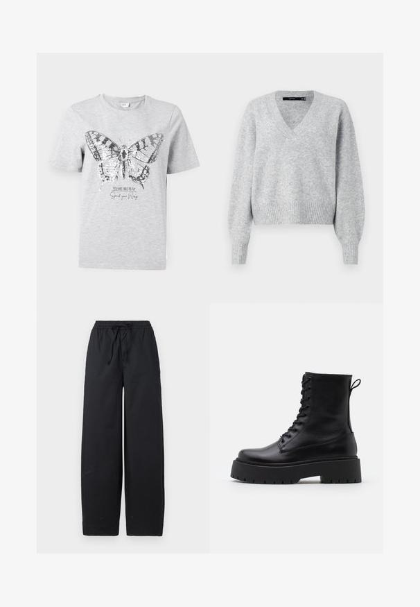 Gray knitted sweater with a V-neck, long puff sleeves, and ribbed hem. Soft texture with a slightly loose fit, ideal for layering.; Grey cotton t-shirt featuring a butterfly graphic with sequin accents. Text below reads "YOU ARE FREE TO FLY Spread your Wings."; Black wide-leg pants made of a soft fabric, featuring an elastic waistband with a drawstring and no visible patterns or accents.; Black leather ankle boots with a round toe, lace-up front, and a thick rubber sole featuring a textured tread. Pull tab at the back.