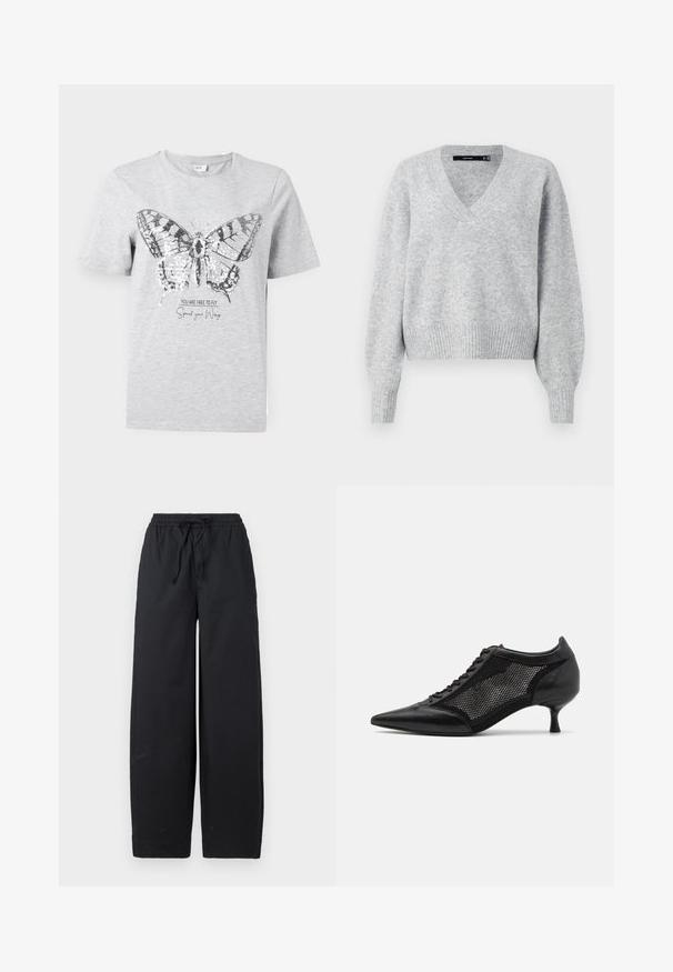 Gray knitted sweater with a V-neck, long puff sleeves, and ribbed hem. Soft texture with a slightly loose fit, ideal for layering.; Grey cotton t-shirt featuring a butterfly graphic with sequin accents. Text below reads "YOU ARE FREE TO FLY Spread your Wings."; Black wide-leg pants made of a soft fabric, featuring an elastic waistband with a drawstring and no visible patterns or accents.; Black pointed-toe shoe with a mesh panel design, featuring a low heel and lace-up front. Made from a combination of leather and mesh material.