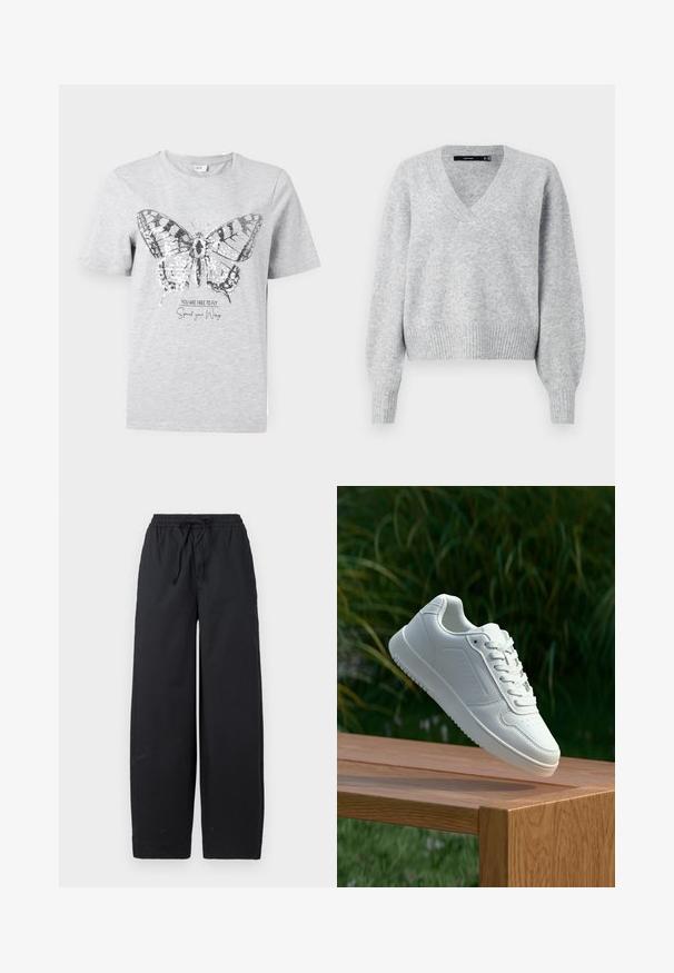 Grauer gestrickter Pullover mit V-Ausschnitt, langen Puffärmeln und ribbedem Saum. Weiche Textur mit leicht lockerer Passform, ideal für das Schichten.; Graues Baumwoll-T-Shirt mit einem Schmetterlingsmotiv und Pailletten-Akzenten. Darunter steht "DU BIST FREI ZU FLIEGEN, Entfalte deine Flügel."; Schwarze weit geschnittene Hose aus einem weichen Stoff, mit einem elastischen Bund und Zugband sowie ohne erkennbare Muster oder Akzente.; Weiße Sneaker mit einem glatten, synthetischen Obermaterial, perforierter Zehenbox, flachen Schnürsenkeln und einer strukturierten Sohle, präsentiert auf einer Holzoberfläche.