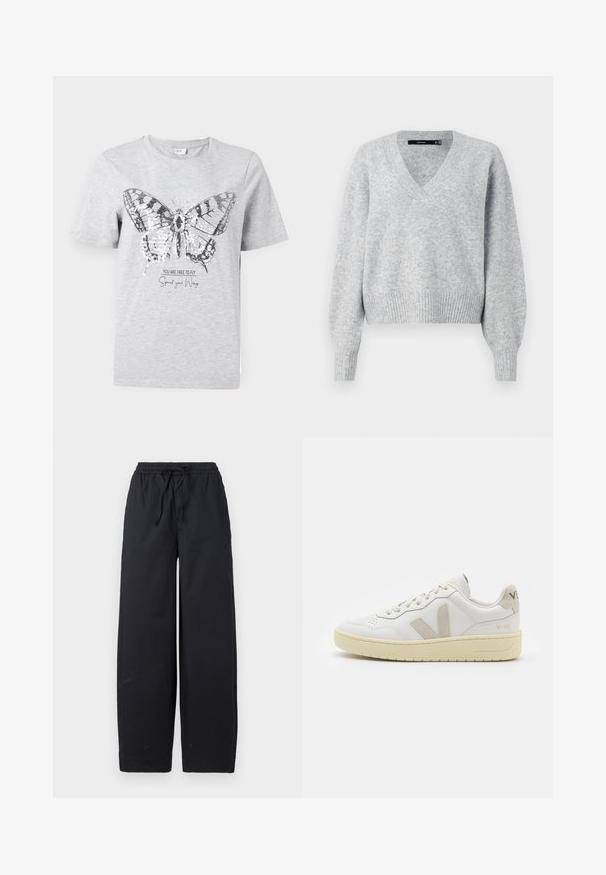 Grauer gestrickter Pullover mit V-Ausschnitt, langen Puffärmeln und ribbedem Saum. Weiche Textur mit leicht lockerer Passform, ideal für das Schichten.; Graues Baumwoll-T-Shirt mit einem Schmetterlingsmotiv und Pailletten-Akzenten. Darunter steht "DU BIST FREI ZU FLIEGEN, Entfalte deine Flügel."; Schwarze weit geschnittene Hose aus einem weichen Stoff, mit einem elastischen Bund und Zugband sowie ohne erkennbare Muster oder Akzente.; Weiße Ledersneaker mit beigen Wildlederakzenten, perforierte Zehenbox, flache Schnürsenkel und eine strukturierte cremefarbene Sohle. Mit dezentem Branding an der Ferse.
