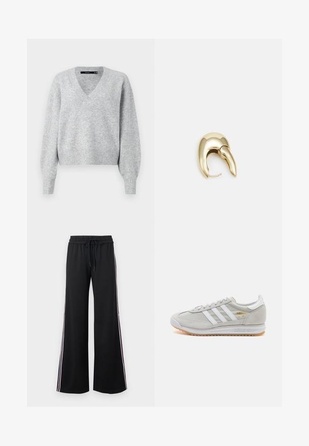 Szürke kötött pulóver V-kivágással, hosszú puffujjakkal és bordás aljjal. Puha tapintású, enyhén laza fazon, tökéletes rétegezéshez.; Fekete, bő szárú nadrág puha anyagból, rugalmas derékkal és zsinórral. Kontrasztot adó fehér és bordó oldalsávokkal rendelkezik.; Világosszürke sportcipő velúr és hálós anyagból, három fehér csíkkal, kerek orral és gumi talppal. Arany logó dísz a fűzők közelében.; Aranyszínű fém fülbevaló, elegáns, ívelt formával. Különleges hegyes alak, fényes felszín és zsanéros záródás jellemzi.