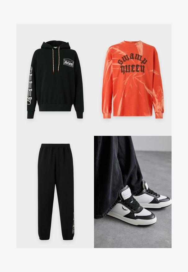 Must mustaga koos valgete ja punaste tõmblukuga, "Aries" logo rinnal ning korduv "Aries" tekst veerus disainiga vasakul varrukal.; Oranžide pikkade varrukatega tie-dye särgiga, mille ees keskel on must gooti kiri "swamp queen", sisaldab ribaga kraed ja mansette.; Must have elastseeksuga tumedast riidest püksid, mille allääres on kogutud mansetid ja paremas alakus jalas osaline valge graafika, ühtlase tausta taustal.; Mustvalged kõrgsokiga tennisetossud, millel on tekstuuriga musta paela detail, nahast ja sünteetilisest materjalist, ning küljel on logo.