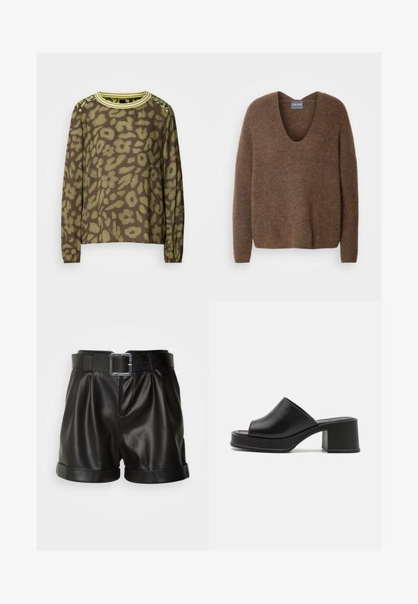 Pull en tricot marron avec un profond col en V. Il a des manches longues et une coupe décontractée. Texture douce et détail de marque subtil au niveau de l'ourlet.; Haut marron à manches longues avec un motif floral abstrait vert, col rond avec des rayures jaunes et poignets élastiques.; Shorts en cuir noir avec une large taille et une boucle en métal argenté. Présentent un devant plissé et des manches roulées. Texture lisse et design ajusté.; Mules à plateforme en cuir noir avec un bout ouvert rond, un petit talon carré et une texture lisse. Design minimaliste avec des lignes épurées.