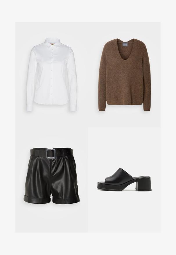 Brun, strikket sweater med en dyb V-udskæring. Har langeærmer og en afslappet pasform. Blød tekstur og diskret brandingdetalje ved kanten.; Hvid langærmet skjorte med knaplukning og spread krave, fremstillet i et glat bomuldsstof og rundet kant. Stoffet har en let glans.; Sorte lædershorts med en bred talje og en sølvspænde. Har plisseret front og opsmøgede manchetter. Glat tekstur og skræddersyet design.; Sorte læder platform sandals med rund åben tå, lav blokhæl og glat tekstur. Minimalistisk design med elegante linjer.