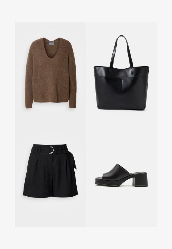 Barna, kötött pulóver mély V-nyakkal. Hosszú ujjakkal és laza szabással rendelkezik. Puha tapintású, finom márkajelzéssel az alján.; Fekete sort, texturált anyagból, ezüst színű kör alakú csattal ellátott övvel, elöl redőkkel és elegáns szabással.; Fekete bőr platform papucs lekerekített nyitott orral, alacsony blokk sarokkal és sima textúrával. Minimalista dizájn, letisztult vonalakkal.; Fekete bőr bevásárlótáska két hosszú fogantyúval, sima felülettel és strukturált formával. Elülső zseb található rajta a plusz tárolás érdekében.