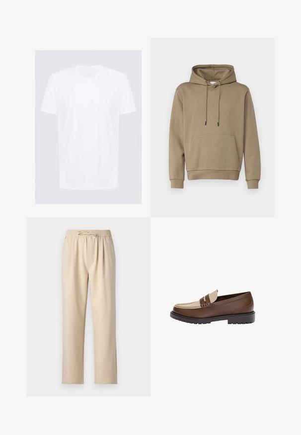 Kapuzensweatshirt in Hellbraun, aus weichem Stoff. Verfügt über eine Fronttasche und gerippte Bündchen. Einfaches Design mit Zugbändern.; Weißes T-Shirt mit kurzen Ärmeln aus glattem Baumwollstoff und Rundhalsausschnitt; minimalistisches Design mit klaren Linien und ohne sichtbare Muster.; Beige Hose mit einem elastischen Bund und Kordelzug, geradem Bein und weichem, glattem Stoffgefühl.; Braune Lederloafer mit beigem Lederakzent und gesticktem Detail. Verfügt über eine niedrige, strukturierte schwarze Sohle und ein klassisches Design.