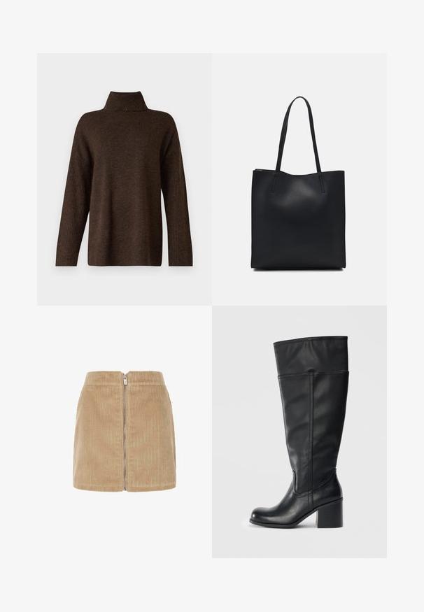 Rjav pleteni pulover z visokim rebrastim ovratnikom, širokimi rokavi in mehkobno teksturo. Ima sproščen kroj in rebraste detajle na rokavih.; Bež mini krilo iz korduroja, z vertikalno rebrasto teksturo, visokim pasom in sprednjim zadrgo. Preprosta zasnova s čistimi linijami.; Črne usnjene škornje do kolen z blok peto, gladko teksturo in šivanim detajlom ob straneh. Preprost in moderna zasnova.; Črna usnjena torba s svilnato teksturo, pravokotne oblike in dvema dolgima ročajema. Brez vidnih metalnih delov ali okrasnih elementov.