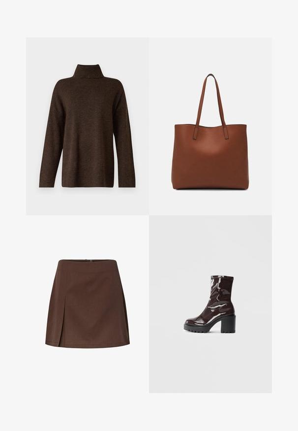 Suéter marrón de punto con un alto cuello acanalado, mangas anchas y una textura suave. Presenta un corte relajado y detalles acanalados en las mangas.; Falda A-line marrón fabricada en tejido texturizado, con un solo pliegue frontal y cierre de botón en la parte posterior.; Botín burdeos brillante hasta el tobillo con un tacón negro grueso, que presenta una textura suave y un diseño sencillo. Sin cierres ni patrones visibles.; Bolso tote de cuero marrón con una textura suave, diseño de apertura superior y dos correas para el hombro. Presenta una costura mínima y sin herrajes visibles.