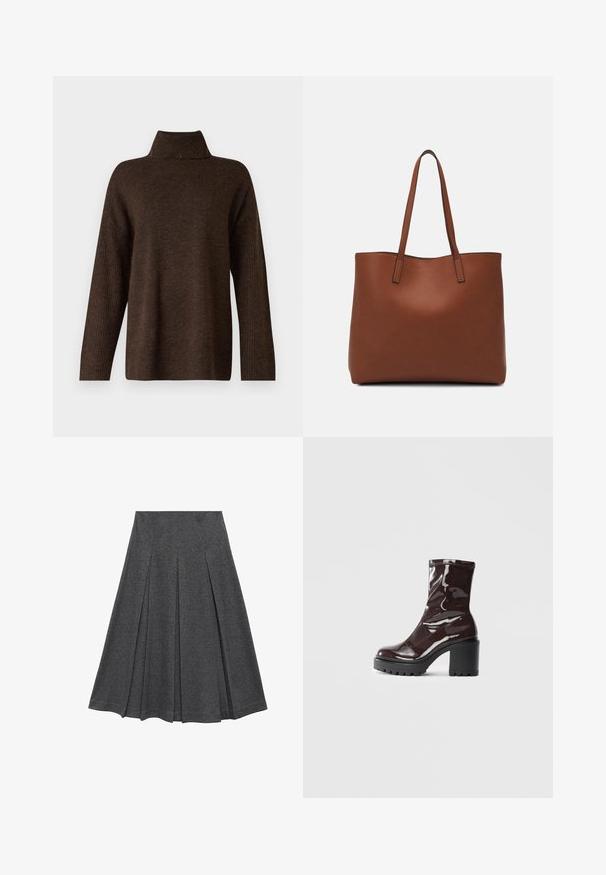 Pulover tricotat maro cu un guler înalt și ribflat, mâneci largi și o textură moale. Prezentă o croială lejeră și accente riblate pe mâneci.; Fustă plisată gri cu o formă evazată, realizată dintr-un material moale. Are plisuri verticale și un talie netedă pentru un aspect fix.; Botine lucioase burgundy, cu toc gros negru, având o textură netedă și un design simplu. Fără închideri sau modele vizibile.; Geantă de umăr din piele maro cu o textură netedă, design cu vârf deschis și două curele pentru umăr. Prezintă cusături minime și fără componente metalice vizibile.