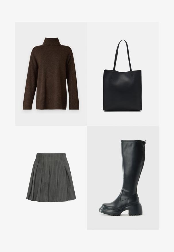 Brūns adīts džemperis ar augstu ribotu apkakli, platām piedurknēm un mīkstu tekstūru. Iespējota brīva piegriezuma forma un riboti akcenti uz piedurknēm.; Moves LUCILLE - Plisēti svārki - castlerock; Augstas melnas ādas zābakus ar masīvu platformu un bloka papēdi, ar vilkšanas cilpu un strukturētu profilu uz ārējā zoles.; Melnas ādas somiņa ar gludu tekstūru, taisnstūra formu un divām garām rokturiem. Nav redzamu aparatūras vai rotājumu.